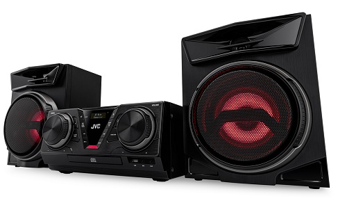 Černý minisystém JVC MX-E325B-DAB se dvěma reproduktory, červeným podsvícením membrán a LCD displejem na hlavní jednotce